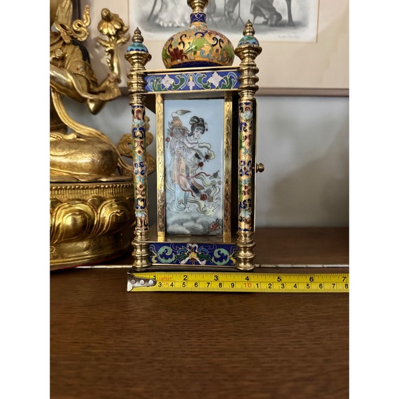Vintage Chinese  Cloisonné Brass Enamel Blue Floral Mantle Carriage Clock.